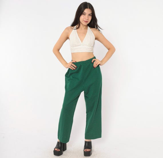 70s Dotted Stripe Pants Green White Pull On Wide Leg Cropped Trousers Straight Emerald Forest Patterned Slacks Vintage Small To Medium S M