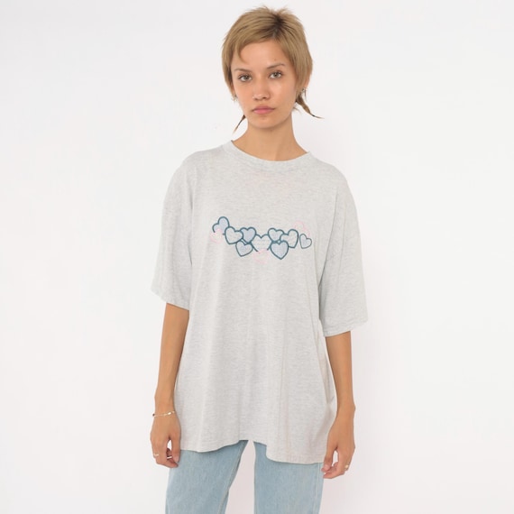 90s Heart Embroidered T Shirt Grey Cotton Tee Navy Pink Blue Hearts Short Sleeve Boxy Graphic Top Gray Valentines Day Cutesy Extra Large XL