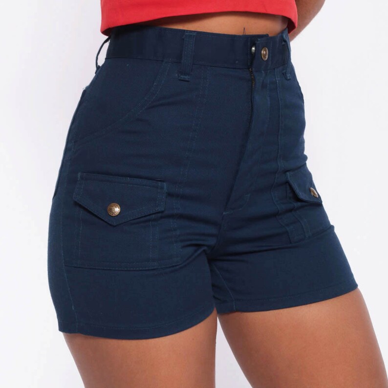 Boy Scout Shorts 70s Shorts Dark Blue Cargo 80s High Waisted Military Retro Boho Hipster Vintage Seventies Bohemian Extra Small xs 27