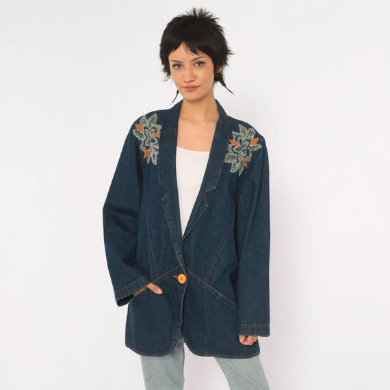 80s Denim Blazer Navy Beaded Floral Embroidered Jean Jacket Cotton Notched Lapel Boxy Long Sleeve Dark Wash Womens Vintage Large L