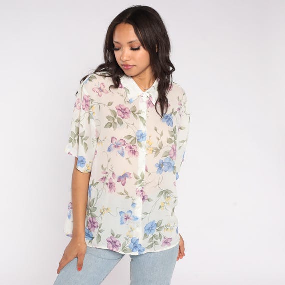 Floral Blouse 90s Cream Purple Blue Button Down Collar Vintage Romantic Cottagecore Spring Summer Prairie Top Large Petite LP 14