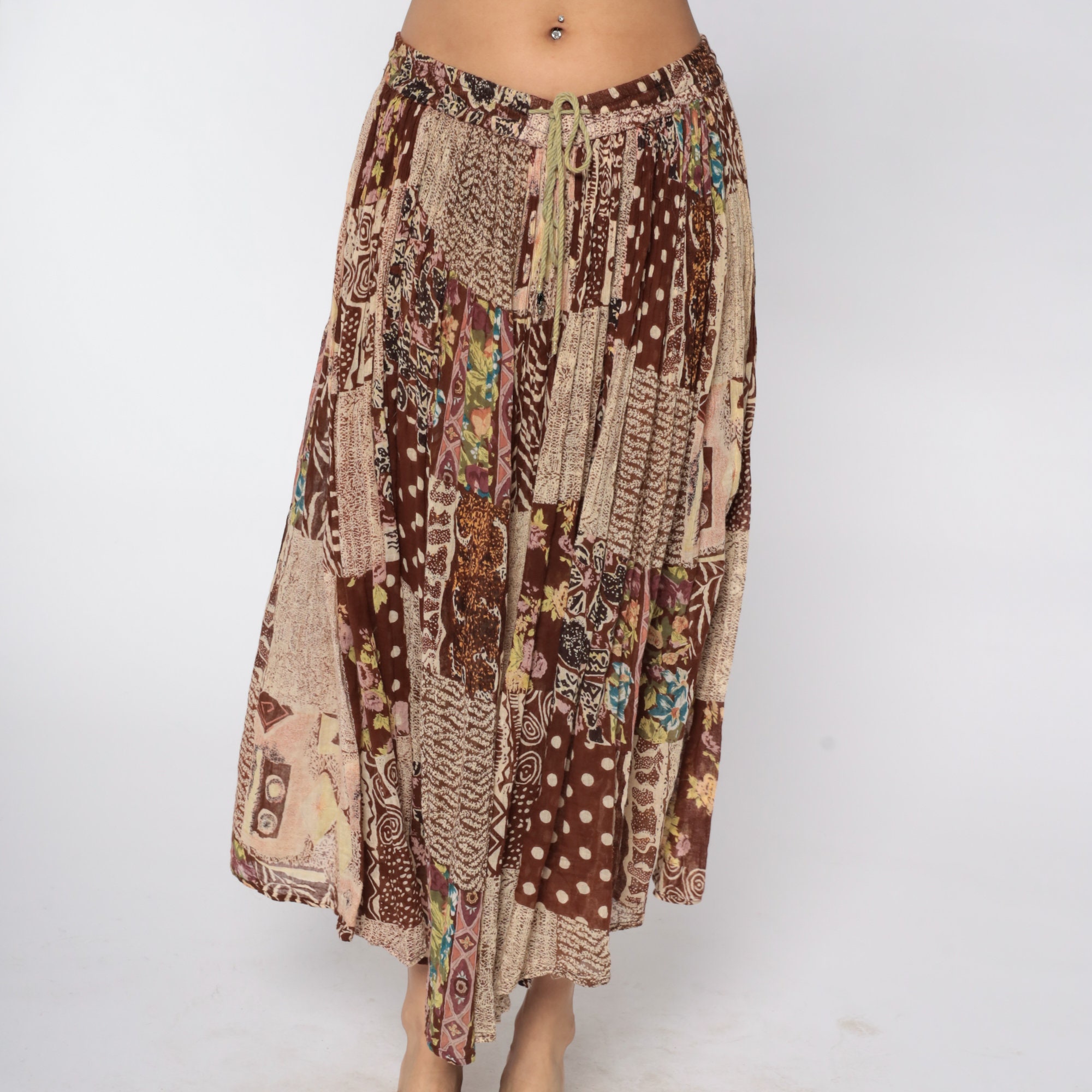 Patchwork Broomstick Skirt Boho Skirt Brown Floral Skirt Gypsy Midi
