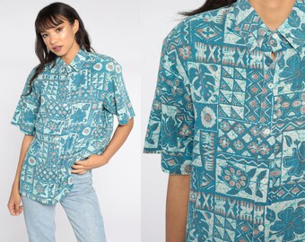 Hawaiian Shirt Blue Tropical Shirt 80s Floral Blouse Blue SURFER Shirt Button Up Shirt Vintage Vacation 90s Summer Men's Large