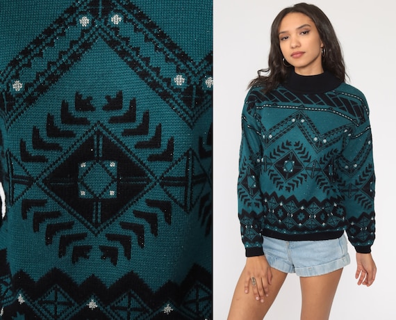 Geometric Wool Sweater Black Teal Boho Sweater Slouchy Sweater 70s Bohemian Sweater Vintage 1970s Pullover Sweater Jumper Metallic Medium
