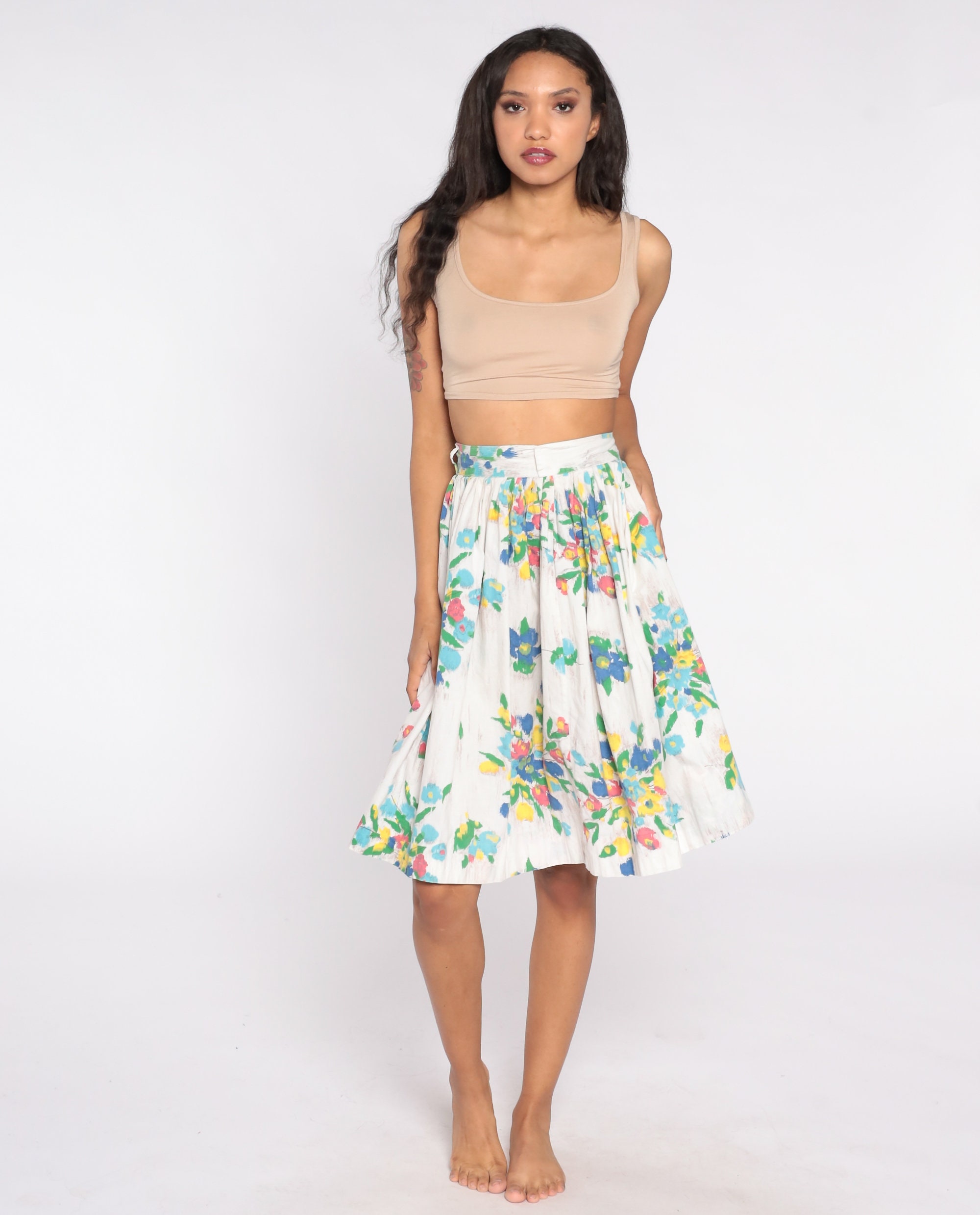 60s Floral Skirt Mini Watercolor Flower Print Pleated Cotton Skirt ...