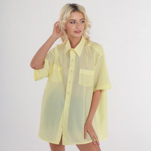 Yellow Shirt 70s Button Up Shirt Semi-Sheer Striped Retro Preppy Collared Top Basic Simple Pastel Plain Short Sleeve Vintage 1970s Mens 2xl