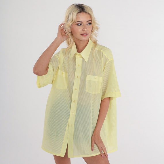 Yellow Shirt 70s Button Up Shirt Semi-Sheer Strip… - image 2