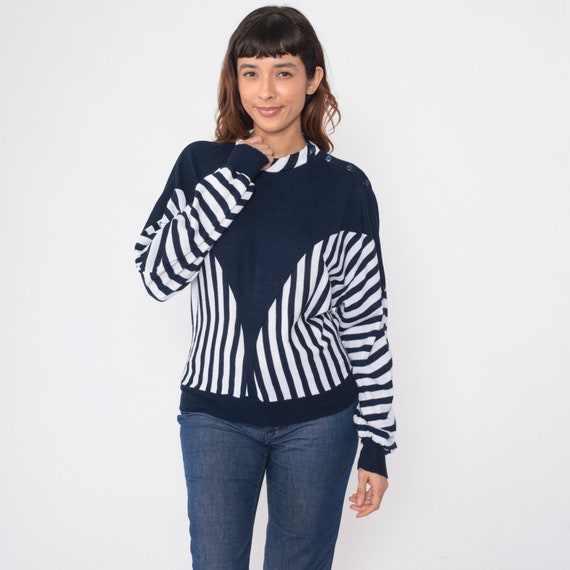 80s Striped Sweater Blue White Colorblock Knit Pu… - image 4