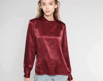 Blusa de manga comprida Y2K Top vermelho escuro brilhante Estampa abstrata de bolinhas Camisa de gola alta Retro Formal Secretária de seda Top preto Vintage anos 00 Médio 8