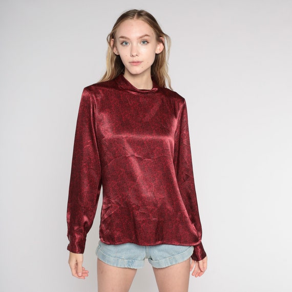 Long Sleeve Blouse Y2K Shiny Dark Red Top Abstract Dot Print Mock Neck Shirt Retro Formal Silky Secretary Top Black Vintage 00s Medium 8
