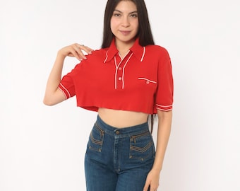 70s Red Cropped Polo White Piping Trim Knit Top Button Front Shirt Sporty Preppy Collegiate Tennis Style Scarlet Blouse Vintage Medium M