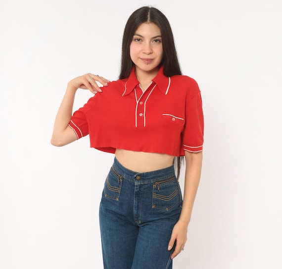 70s Red Cropped Polo White Piping Trim Knit Top Button Front Shirt Sporty Preppy Collegiate Tennis Style Scarlet Blouse Vintage Medium M