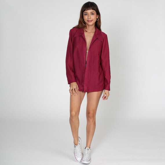 Raspberry Red Jacket 70s Open Front Blazer Collafed Long Sleeve Shirt Simple Minimalist Cocktail Boho Chic Top Vintage 1970s Medium M