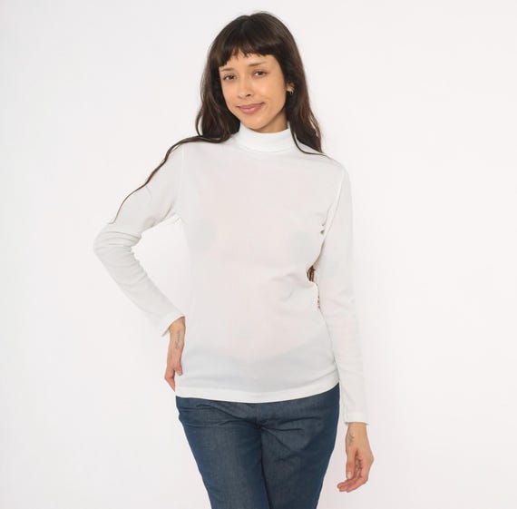 70s Ribbed Mock Neck Top White Long Sleeve Fitted Turtleneck Blouse Ivory Cream Zip Back Knit Shirt Minimal Clean Vintage Small S