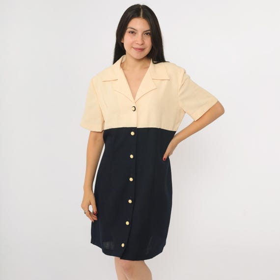Vintage 90s Shirt Dress Two-Tone Mini Shirtwaist Cream Black Short Sleeve Secretary Shirtdress Button Up Empire Waist Preppy 1990s Large 12