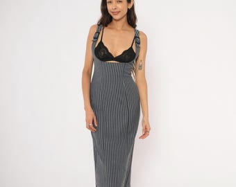 Vestido de rayas de los 90, azul marino, gris, raya diplomática, corsé bajo el busto, ajustado, sin mangas, lápiz, verano, gótico, oficina, sirena, grunge, alt, vintage, talla pequeña S