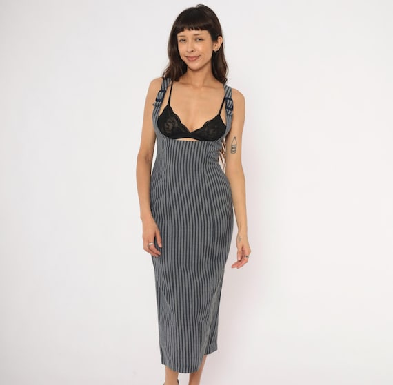 90s Striped Dress Navy Grey Pinstripe Under Bust Corset Fitted Sleeveless Pencil Summer Gothic Office Siren Grunge Alt Vintage Small S