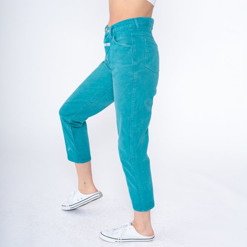 Teal Jeans 90s Ankle Jeans High Waisted Rise Slim Tapered Leg Denim Pants Retro Cropped Mom Jeans Blue Green Vintage 1990s Extra Small XS image 4