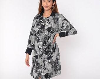 90s Floral Dress Black White Patchwork Paisley Mini Dress Button Up Dress 1990s Long Sleeve Vintage Minidress Shift Collared Medium