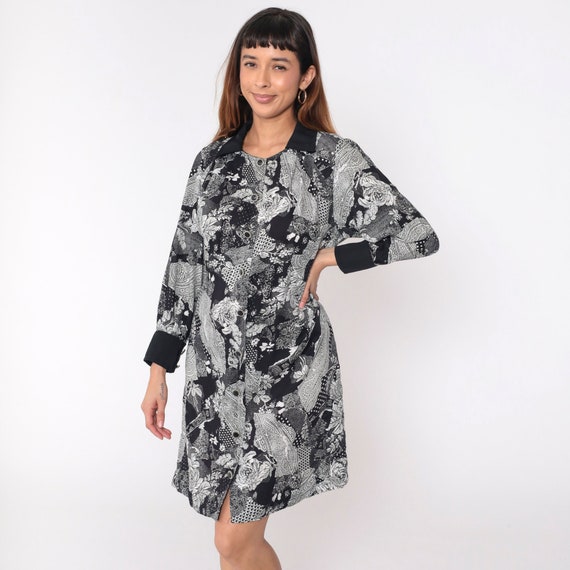 90s Floral Dress Black White Patchwork Paisley Mini Dress Button Up Dress 1990s Long Sleeve Vintage Minidress Shift Collared Medium