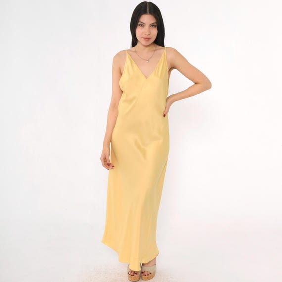 90s Victoria's Secret Slip Dress Vintage Yellow Maxi Nightgown Deep V Neck Low Back Lingerie Spaghetti Strap 1990s Small S