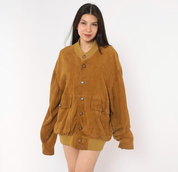80s Mustard Suede Bomber Button Front Jacket Knit Collar Tan Leather Coat Camel Varsity Style Brown Vintage Relaxed Fit Unisex Mens Medium M