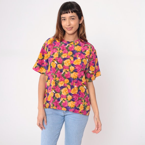Floral Silk Blouse 90s Purple Pink Orange Yellow Rose Print Short Sleeve Vintage Bright Colorful Maximalist Summer Lightweight Medium M