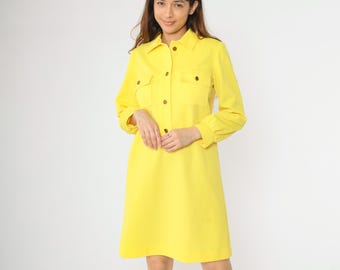 Vintage Yellow Mod Dress 60s 70s Long Sleeve Shift Mini Button Up Pocketed Bright Minimalist Retro L’Aiglon Knits 1960s 1970s Small Medium