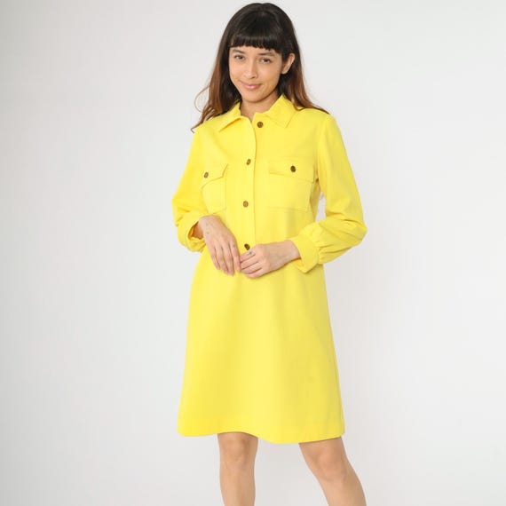 Vintage Yellow Mod Dress 60s 70s Long Sleeve Shift Mini Button Up Pocketed Bright Minimalist Retro L’Aiglon Knits 1960s 1970s Small Medium
