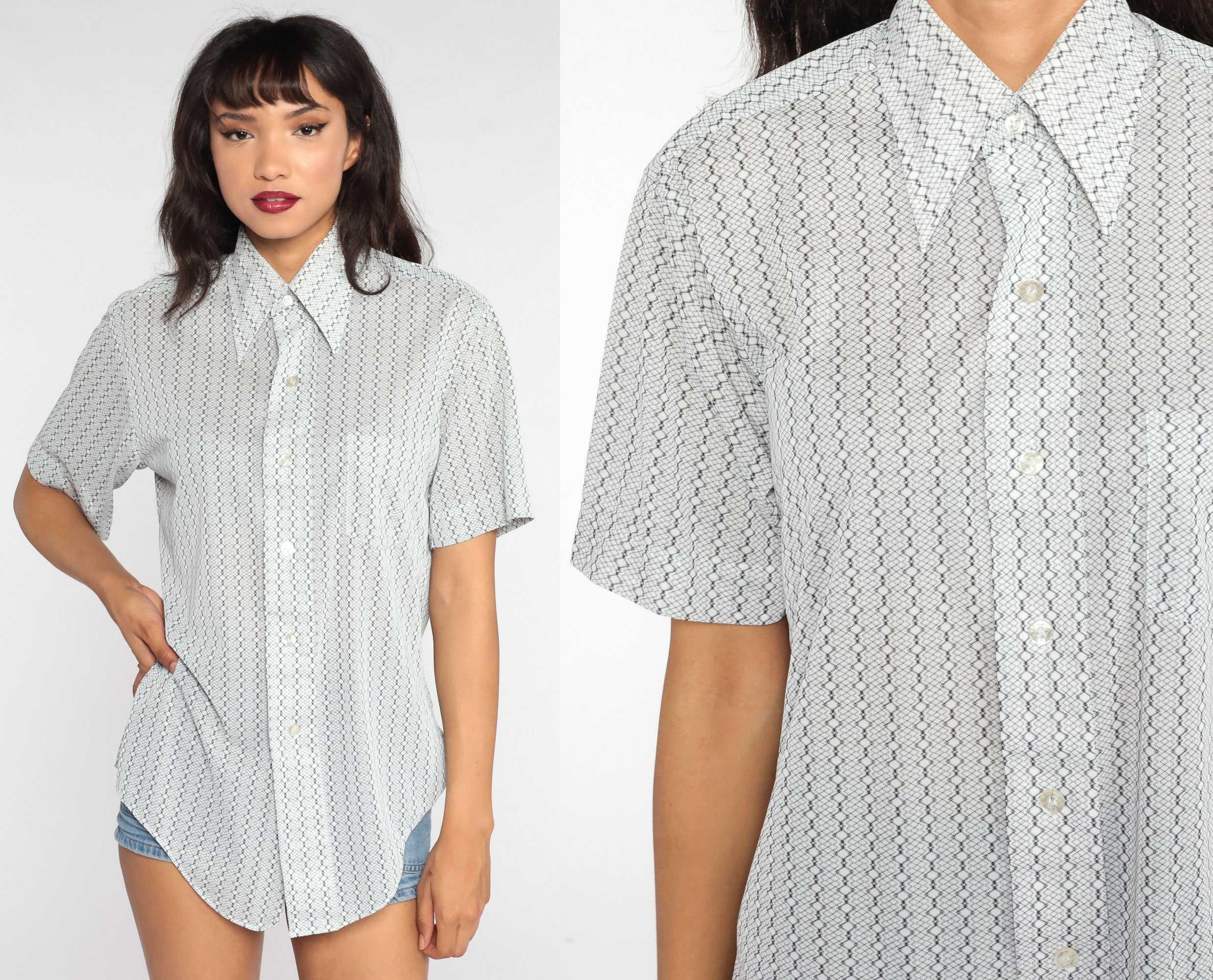 White Striped Shirt 70s Shirt Grey 
