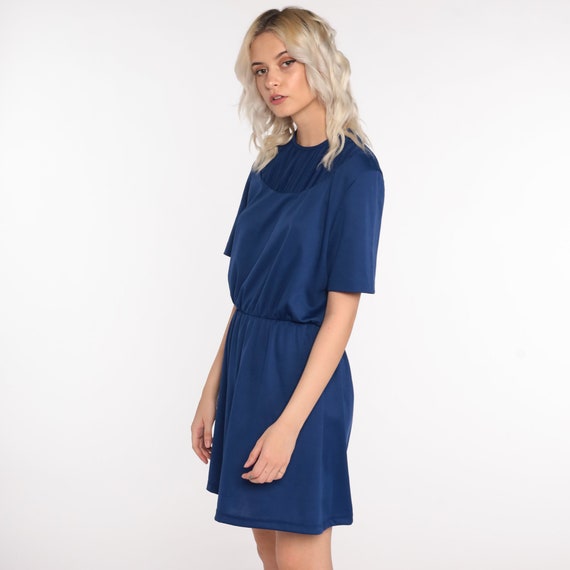 70s Mini Dress Plain Dark Blue Short Sleeve 80s High Waist Dress Simple Day Dress Casual Dress Vintage Boho Medium