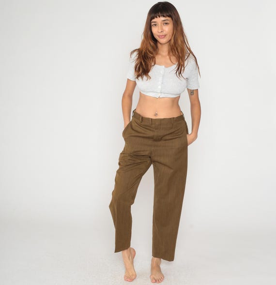 60s Brown Pants Cropped Khaki High Waist Straight Leg Vintage Trousers Flat Front Tailored Dress Pants Office Work Mod Style Medium M