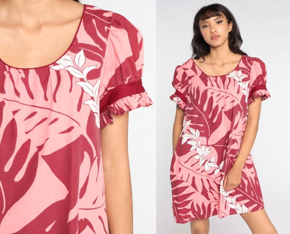 Hawaiian Mini Dress 80s Palm Tree Leaf Dress Puff Sleeve Shift Pink Shift 1980s Boho Dress Summer Tropical Dress Vintage Bohemian Medium