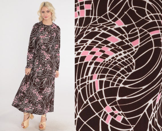 Psychedelic Dress 70s Maxi Dress Brown Long Sleeve High Waisted Pink White Abstract Opart Print Retro Formal Mod Vintage 1970s Small Medium