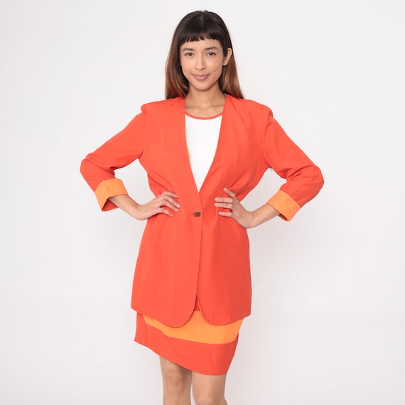 Orange 2fer Dress 80s Attached Jacket Office Dress Mini Dress Two Tone Striped White Secretary Work Dress Vintage 1980s Minidress Medium