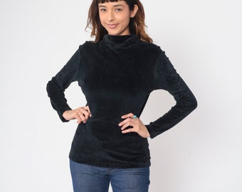 Black Velvet Shirt 90s Turtleneck Blouse Long Sleeve Top Gothic Basic Simple Plain Chic Formal Glam Party Goth Minimal Vintage 1990s Small S