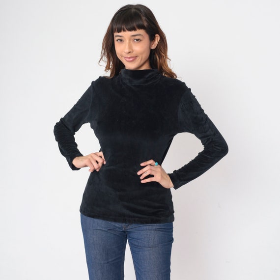 Black Velvet Shirt 90s Turtleneck Blouse Long Sleeve Top Gothic Basic Simple Plain Chic Formal Glam Party Goth Minimal Vintage 1990s Small S