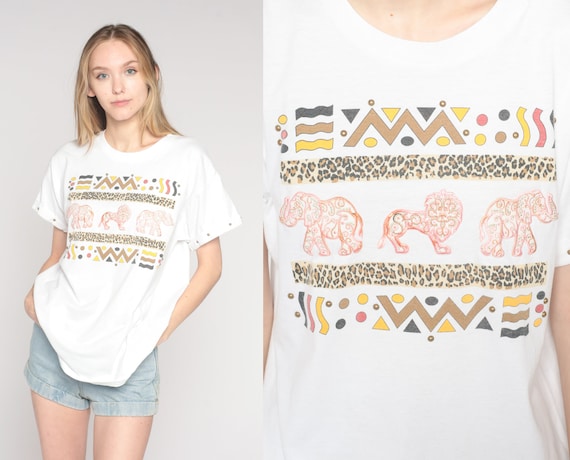 Safari Animal Shirt Y2K Studded T-Shirt Embroidered Elephant Lion Wildlife Nature Graphic Tee Retro T-shirt Vintage 00s Medium Large