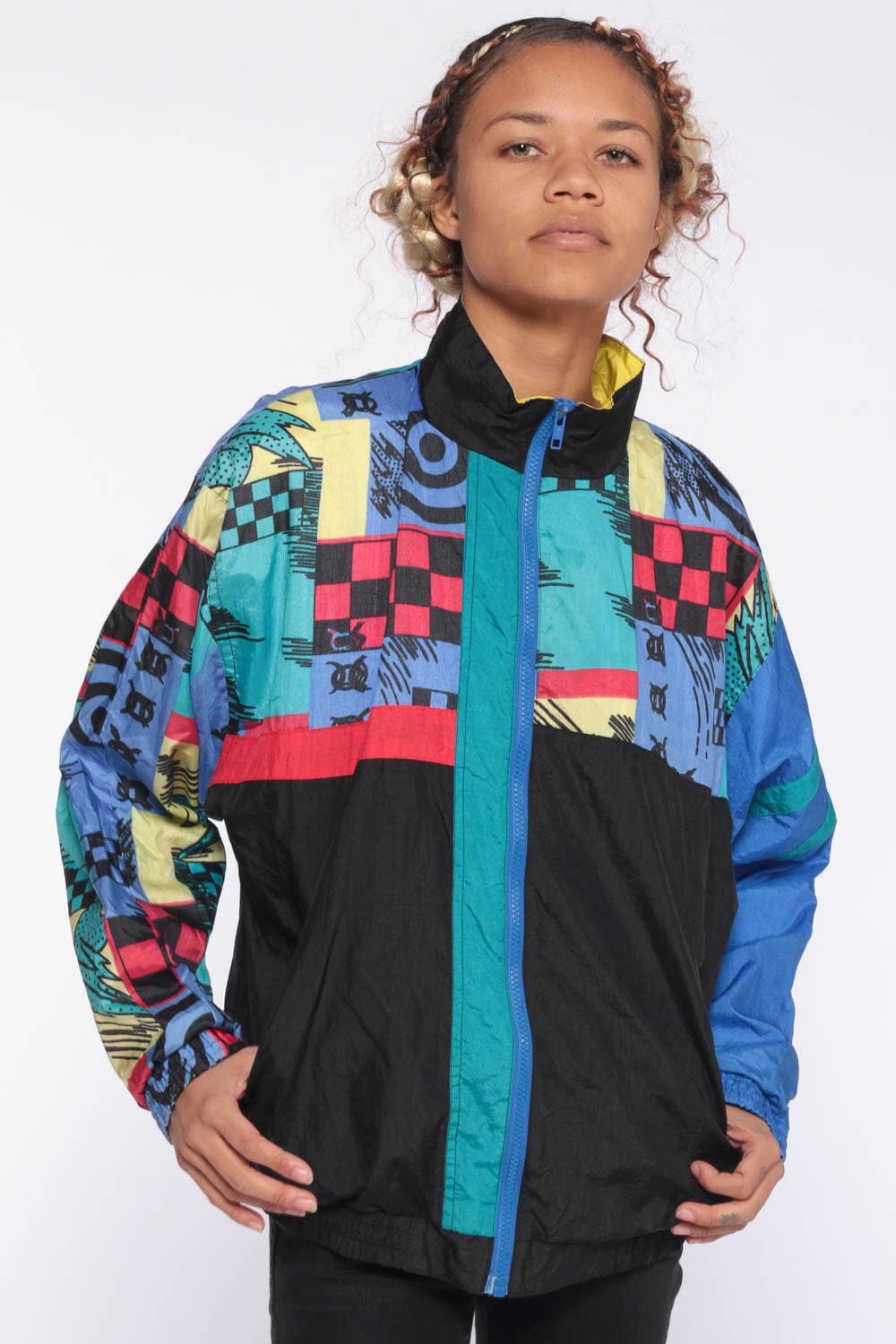 90s Geometric Windbreaker Jacket Blue Color Block Print ...
