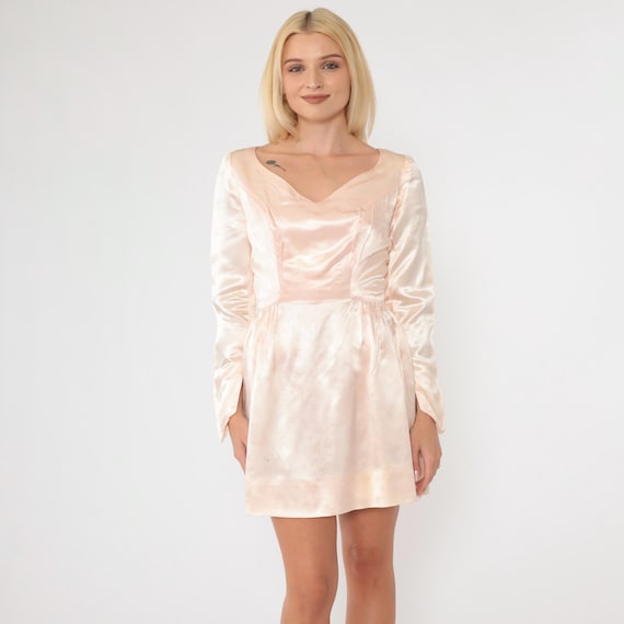 60s Silk Dress Baby Pink Jacquard Floral Cocktail Party Mini 1960s High Waisted V Neck Hourglass Vintage Long Sleeve Extra Small xs