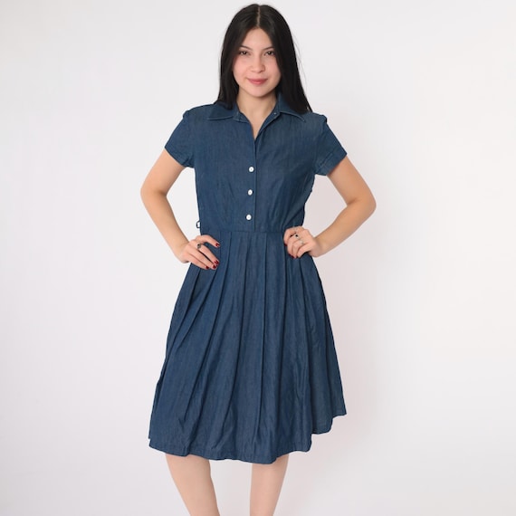 Vintage 90s Denim Dress Pleated Dark Blue Jean Shirtdress Midi Button Up Short Sleeve Collared 1990s Normcore Retro Petite 2