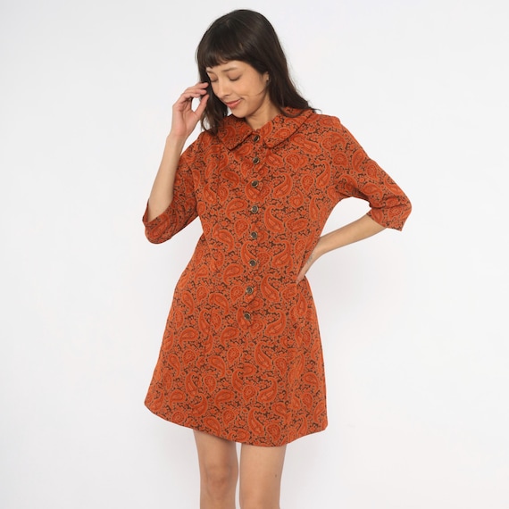 Paisley Mini Mod Dress 70s Orange Brown Collar Three Quarter Sleeve Floral Terracotta Rust Autumn Fall Hippie Psychedelic Vintage Medium M