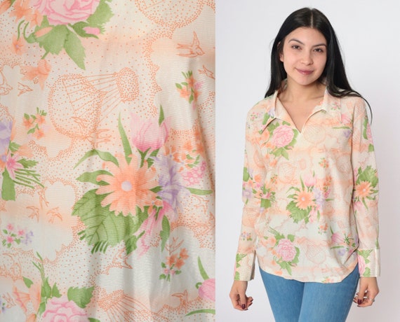 70s Pastel Bird Blouse Hot Air Balloon Print Shirt Floral Blouse Disco Top Hippie 1970s Boho Vintage Peach Long Sleeve Medium