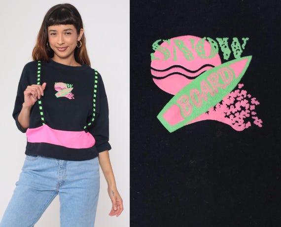 Snow Board Sweatshirt 90s Black Pink Neon Green Suspender Detail Obvious Cropped Top Crewneck Winter Sport Graphic Ski Snowboard Medium M