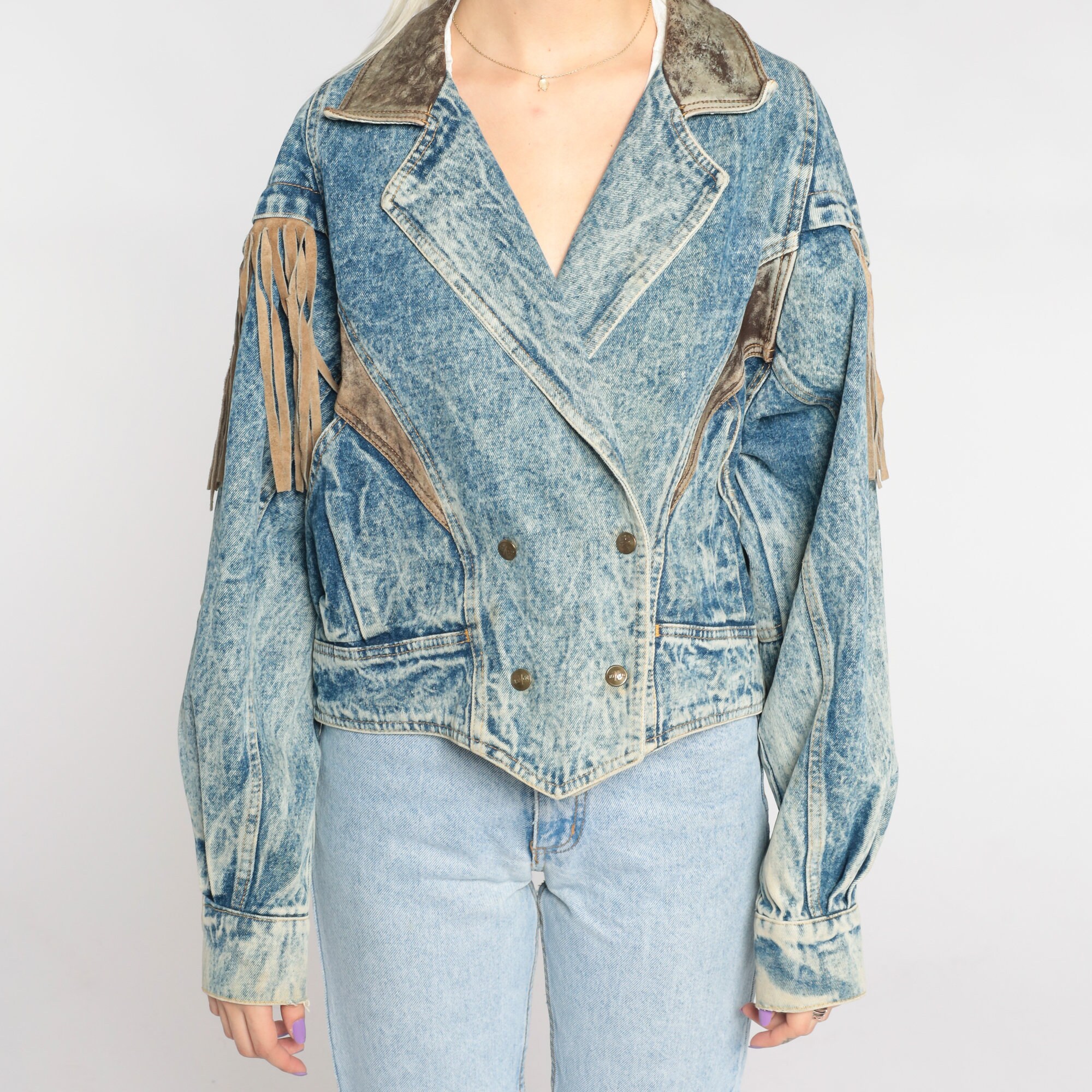 Denim Fringe Jacket 90s Leather Fringe Jean Jacket Double Breasted