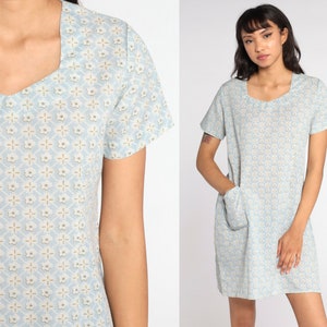 Floral Mini Dress 90s Baby Blue Pocket Dress 1990s Vintage Shift Short Sleeve Retro Summer MiniDress Medium