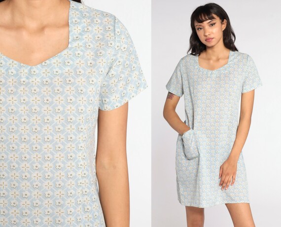 Floral Mini Dress 90s Baby Blue Pocket Dress 1990s Vintage Shift Short Sleeve Retro Summer MiniDress Medium