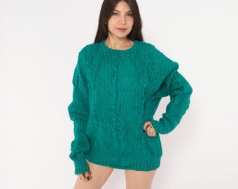 90s Teal Cable Knit Wool Sweater Cattivo Speckled Confetti Fleck Fisherman Chunky Green Grandpa Slouchy Boxy Knitwear Jumper Vintage Large L