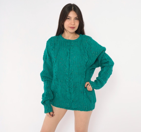 90s Teal Cable Knit Wool Sweater Cattivo Speckled Confetti Fleck Fisherman Chunky Green Grandpa Slouchy Boxy Knitwear Jumper Vintage Large L
