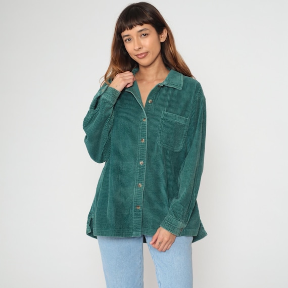 LL Bean Green Corduroy Shirt Y2K Long Sleeve Cotton Teal Plus Size Collar Chest Pocket Vintage Blouse Top Utility Workwear Extra Large 1X